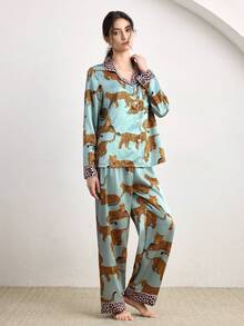 Ocili 2pcs/Set Women Leopard Color Blocking Pajama Set Holiday Season, Fall Winter Clothes - Multicolor - View 4