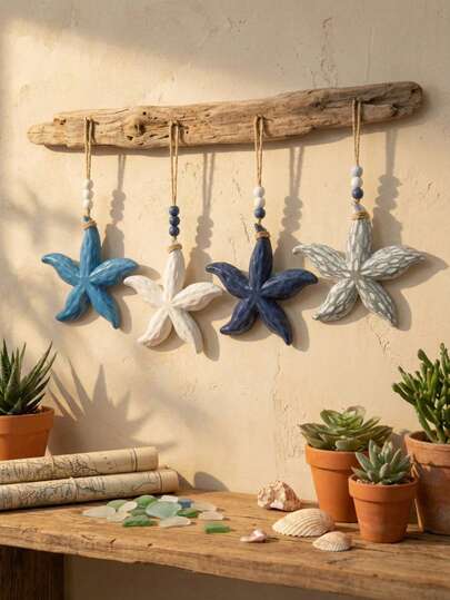 Cirelle 手工木制海星挂饰 - 地中海海岸风情墙饰，适用于门、玄关和客厅，乡村海滩主题
