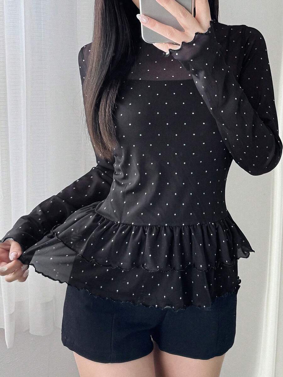 FRIFUL Blusa transparente de verano casual para mujer con estampado de lunares y volantes en el bajo - Negro - Ver 1