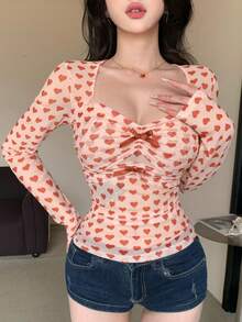 DAZY 蝴蝶结装饰修身网纱上衣，心形印花，交叉扭结设计，休闲甜美女孩音乐节T恤，长袖，粉色夏季 - 粉色 - 查看 11