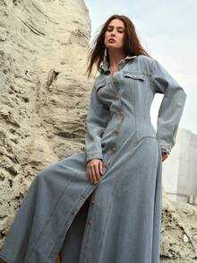 MOTF PREMIUM WOMEN'S FRONT BUTTON DROP SHOULDER DENIM DRESS - Baby Blue - View 6