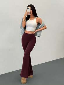 SHEIN PETITE 女款純色高腰休閒百搭喇叭褲，適合日常穿著，小個子女性適用 - 中紫紅色 - 查看 7