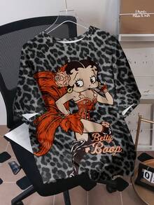 Betty Boop x SHEIN Áo thun nam tay ngắn cổ tròn in họa tiết da báo tối giản, in toàn thân. - trắng - Xem 1
