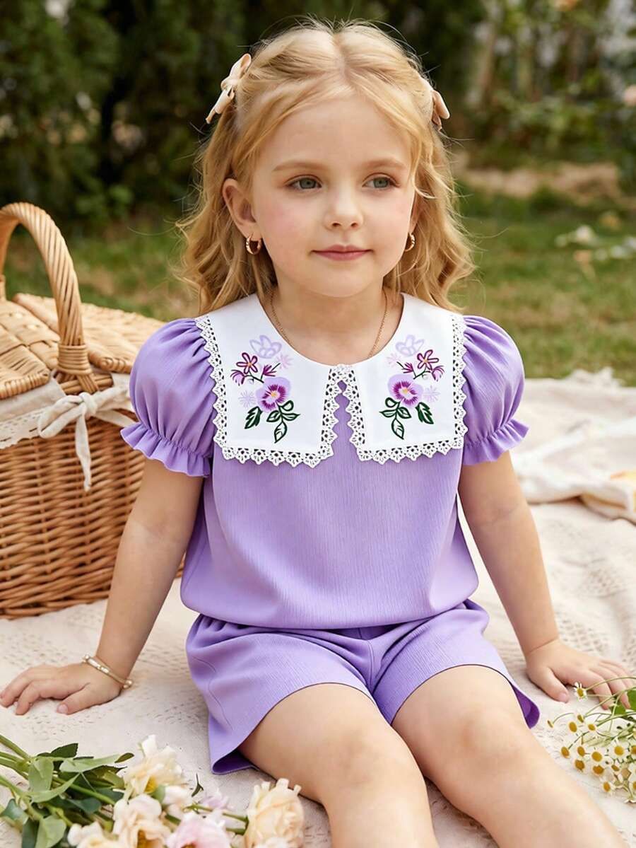 Genkimix Kids 少女休闲时尚学院风白色蕾丝领针织短袖上衣搭配梭织绉纱面料两件套，青春可爱紫色假日套装 - 紫色 - 查看 1