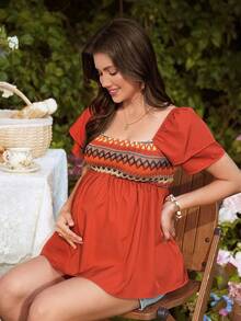 SHEIN Geometric Pattern Ruffle Sleeve A-Line Maternity Blouse For Women - Orange - View 3