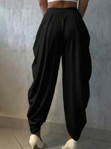 Firerie 女士优雅休闲日常通勤裤，杏色纯色宽松褶裥针织长裤，新款春夏女裤，适合度假、海滩、假日、教师装、职场等场合，时尚设计 - 黑色 - 查看 2