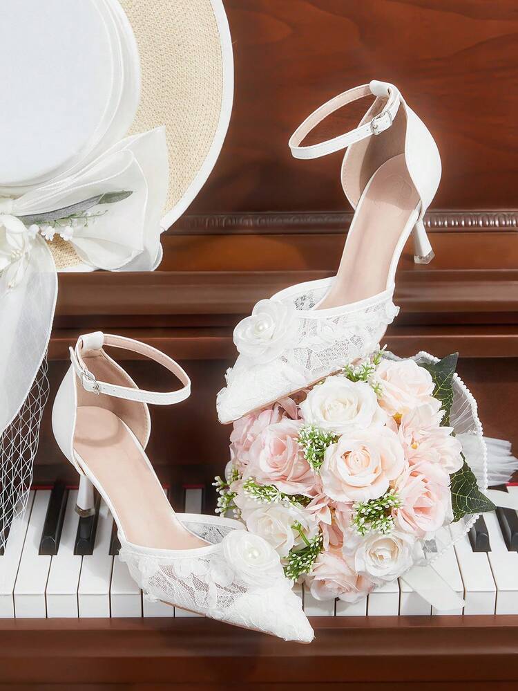 CUCCOO HITCHD Spring And Autumn New White Flower Mesh Lace Pointed Heel Stylish Elegant Hollow Women's High Heel Shoes