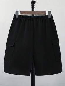 1 pieza Pantalones cortos rectos de unicolor casual para niños adolescentes, con 2 bolsillos laterales grandes, tela cómoda, adecuado para múltiples temporadas y ocasiones - Negro - Ver 2