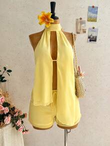 Soleia Women's Summer Vacation Solid Color Halter Backless Top And Shorts 2 Pieces Set - Yellow - View 5