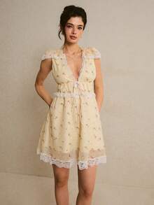 Poéselle 女士优雅迷你花卉蕾丝边短连衣裙，黄色连衣裙，沙滩裙，女士度假装，女士沙滩装，完美适合度假、旅行、周末和海滩穿着，春夏女士连衣裙，Florurora春夏优雅连衣裙，女士茶会连衣裙，野花连衣裙，印花连衣裙 - 淡黃色 - 查看 6