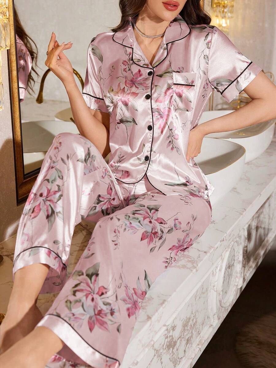 LuxeNights Floral Print Lapel Collar Short Sleeve Pajama Set