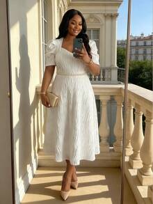 SHEIN Lady 大码女式纯色纹理心形领泡泡袖优雅连衣裙 - 白色 - 查看 2