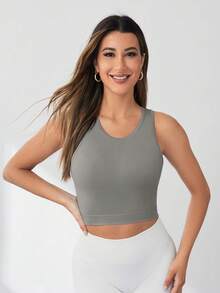 Eassivo Eassivo Seamless Elastic Sports T-Shirt & Tank Top Reflective Gym Outfit For Women Workout Fitness Tops Clothes With Built In Bra Sport - Dark Grey - View 4