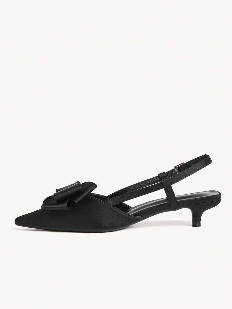 CUCCOO CHICEST Black Satin Kitten With Bow Slingback Pointed Banquet Dress Shoes