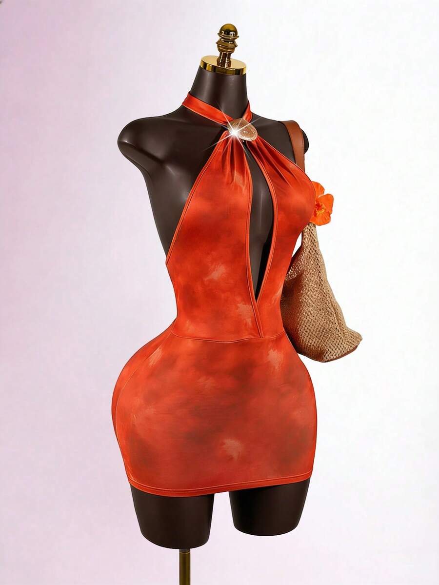 Lyxana Women's Halter Hollow Out Metal Buckle Bodycon Mini Dress, Casual Elegant Orange Vacation Dress, Charming Young Lady - Multicolor - View 1