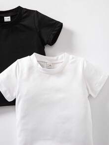 SHEIN Souflis 2件組女嬰服裝 白色與黑色 夏季休閒度假 時尚優雅老錢風圓領柔軟T恤上衣 度假海灘校園穿搭 - 黑與白 - 查看 5