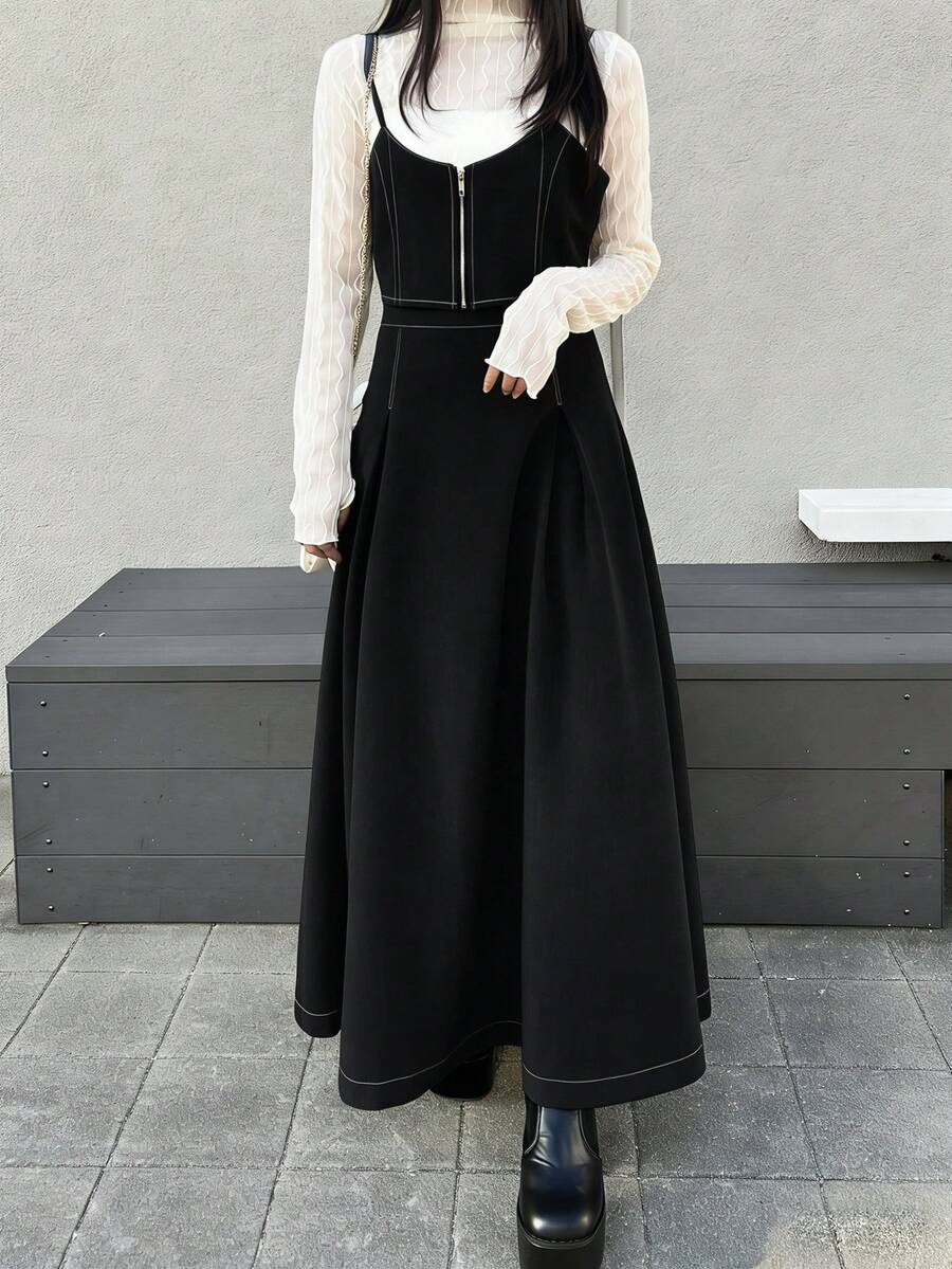 女士宽松吊带背心和A字裙两件套家居服套装 - 黑色 - 查看 1