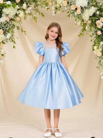 Glamorique Kids 2026 New Tween Girls Fashion Soft Squishy Fabric Summer Dress, Vacation Travel Essential, Formal Shallow Gold Satin Short Sleeve Beaded Bubble Hem Party Dress, Holiday Elegant Princess Gown For Wedding, Party, Stage Performance