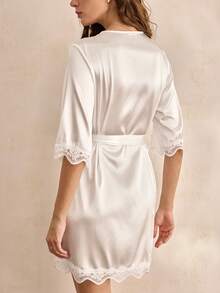 Charlaine Women's Contrast Lace Trim Solid Color Robe Luxe Loungewear, Fall, Winter - White - View 3