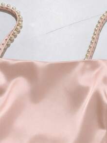 SHEIN Franclia Women's Solid Color Faux Pearl Strap Pleated Design Elegant Side Slit Hem Camisole Dress - Pink - View 3