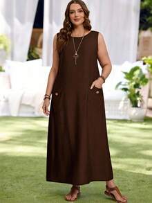 Rosumi Plus Size Solid Color Minimalist Sleeveless Round Neck Dress, Everyday Wear/Summer/Spring/Vacation - Coffee Brown - View 10