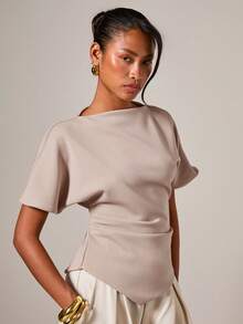 COSMINA Camiseta de mujer de cuello redondo con pliegues elegante, adecuada para todas las estaciones - Caqui - Ver 4