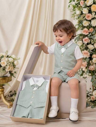SHEIN 3pcs Baby Boy Summer Preppy Style Cute Versatile Green Vest Jacket, Shorts, Bow Tie Shirt Gentleman Outfit Set, Suitable For Birthday Party, Rave, Evening Party, Performance, Wedding, Baby Shower, 1st Birthday Celebration Baby Boy Elegant Clothes Mint Green Church Suit For Baby Boy 18m Boy Dress Suit