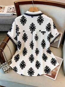 SHEIN Clasi Plus Size Women's White Contrast Floral Print Single-Breasted Shirt,Elegant Summer Office Formal Long Sleeve Blouse For Daily Outings,Teachers' Day - Multicolor - View 2