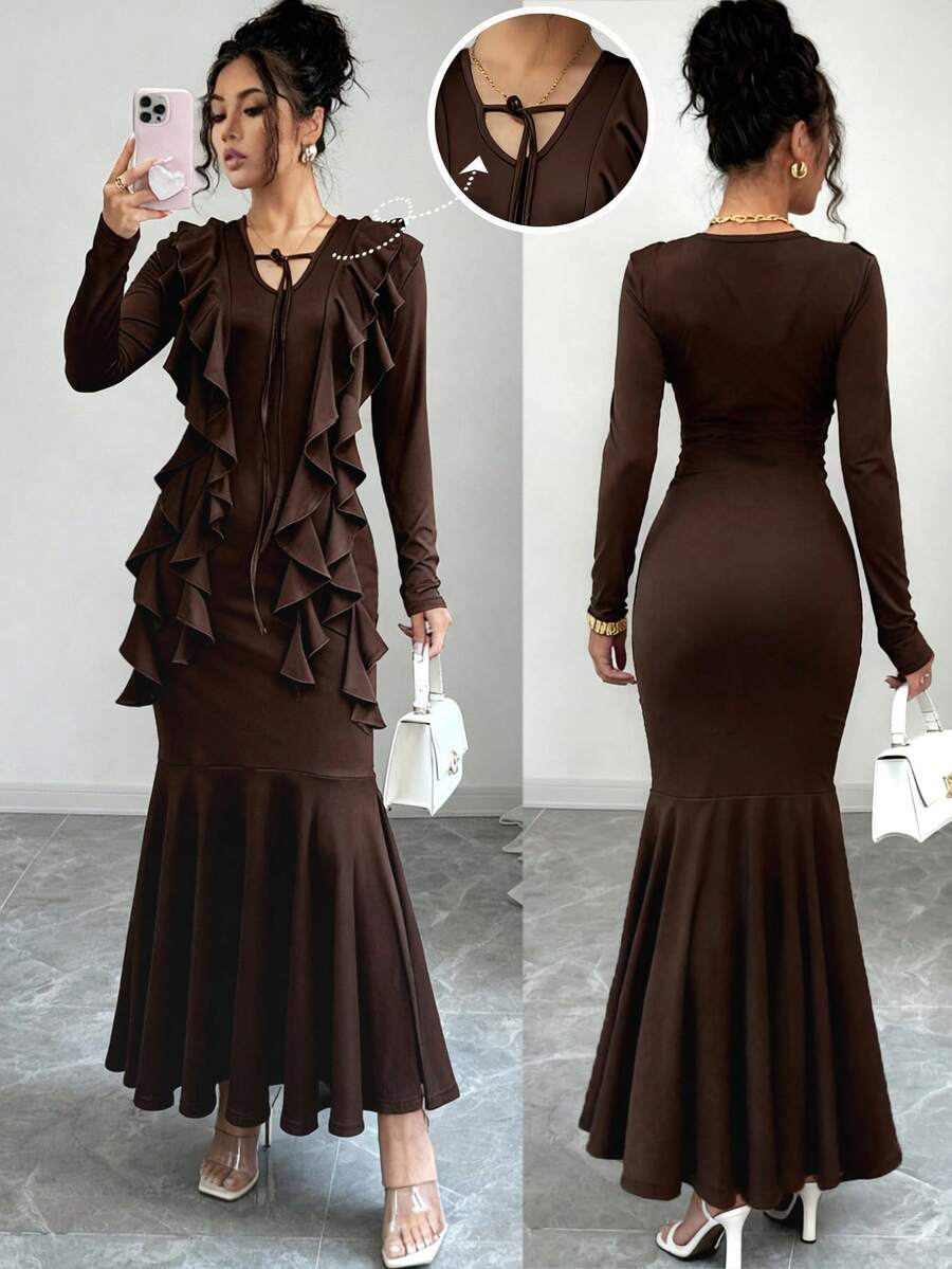 Selianne Women's Solid Color Jellyfish Ruffle & Drawstring Neck Fitted Mermaid Dress, Spring/Summer - Coffee Brown - View 1