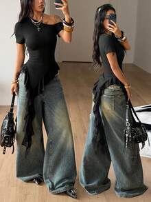 Coolane 女士春夏街头风度假穿搭外出音乐节大学生复古时尚透气网眼弹力舒适黑色露肩不对称领单肩T恤 - 黑色 - 查看 4