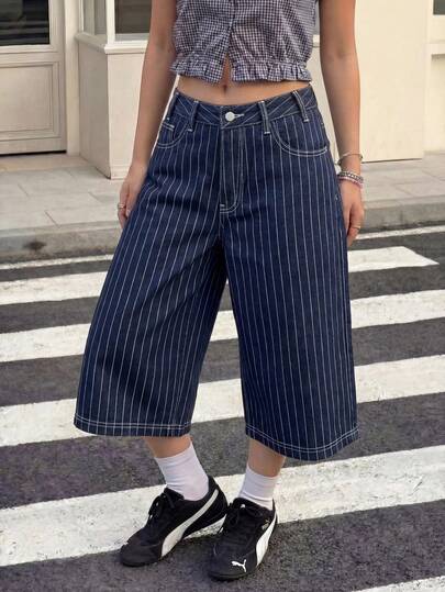 Muchica Jeans casuales minimalistas a rayas para mujer