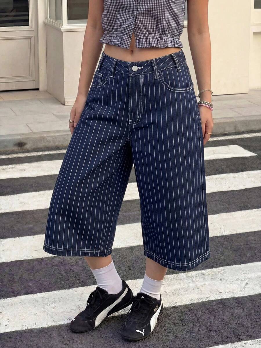 Muchica Women's Striped Minimalist Casual Jeans - Dark Wash - View 1