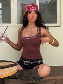 Muchica Women's Square Neckline Camisole With Hot-Stamped Detailing, Simple And Versatile Sleeveless Slim-Fit T-Shirt, Brown Knit Fabric, Suitable For Going Out, Commuting And Going To School. - Brown - View 6