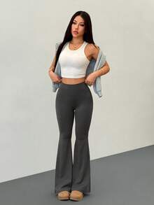 SHEIN PETITE 女款純色高腰休閒百搭喇叭褲，適合日常穿著，小個女款 - 灰色 - 查看 6