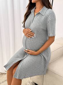 Slowluna Maternity Solid Color Short Sleeve Front & Back Button Delivery Dress - Grey - View 5