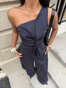 Siren Gaze Bộ đồ nữ thường ngày gồm áo sơ mi kẻ sọc và quần ống rộng (2 món). - Màu xanh lam - Xem 3