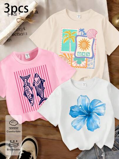 3pcs/Set Girls' Casual Chic Creative Refreshing Minimalist Hawaiian Beach Shell Sunset Fish Letter Graphic Print Basic Short T-Shirts, White/Pink/Purple, Comfortable Daily Wear, Suitable For Spring, Summer & Autumn