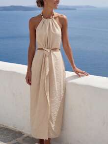 SHEIN LUNE Women's Apricot Summer Casual Beach Holiday Vacation Dress,Beaded Necklace Decor Sleeveless Gathered Waist Hollow Back Slit Midi Bohemian Formal Wear - Apricot - View 4