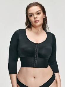 SHAPORA Plus Size Solid Color Front Button Fitted Crew Neck Shaping Top - Black - View 5