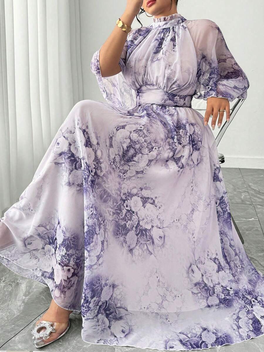 Elenzga 大码女装夏季新款印花优雅立领荷叶袖高腰修身连体连衣裙，适合休闲、通勤、度假等场合。 - 彩色 - 查看 1