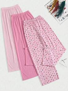 SHEIN TALL SIZE 女款純棉 3 件組 素色粉紅、條紋與 LOVE 圖案長褲家居舒適休閒睡褲套裝 - 彩色 - 查看 2