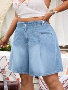 EMERY ROSE Plus Size Women's Non-Stretch Denim Bermuda Shorts, Summer Casual Loose Thin Vintage Washed Wide Leg Cropped Jeans - Light Wash - View 6