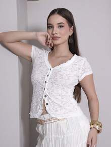 Duda Rubert Solid Color Knit Lace Short Sleeve V-Neck Fitted Women Top - Apricot - View 6