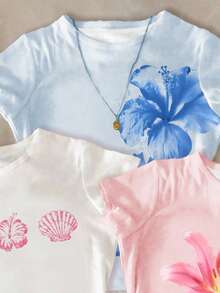 SHEIN Chill Vacation 热带花卉、芙蓉、鸡蛋花、海星、贝壳海岸图案修身款青少年女孩 3 件套圆领短袖 T 恤，舒适休闲，白色、浅粉色、浅蓝色，夏季 - 彩色 - 查看 5