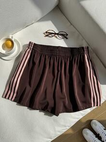 Comfortcana 大码休闲复古运动风条纹编织短裤 - 棕色 - 查看 6