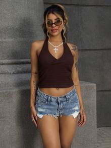 Rayane Ketlyn Solid Color Distressed Pocket Skinny Raw Hem Sexy Denim Shorts - Blue - View 1