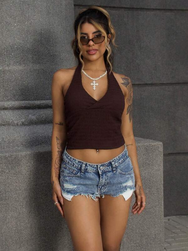 Rayane Ketlyn Solid Color Distressed Pocket Skinny Raw Hem Sexy Denim Shorts