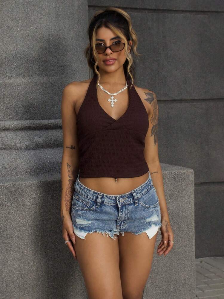 Rayane Ketlyn Solid Color Distressed Pocket Skinny Raw Hem Sexy Denim Shorts - Blue - View 1