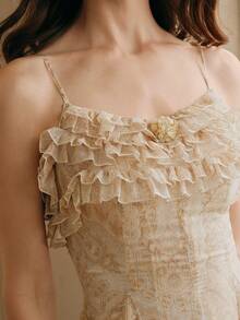 Anewsta Women's Elegant Vacation Asymmetrical Ruffle Hem Spaghetti Strap Dress - Apricot - View 4