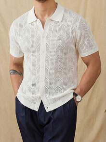 Manfinity Homme Men's Casual Solid Color Hollow-Out Knit Short Sleeve Cardigan, Spring/Summer - Beige - View 1